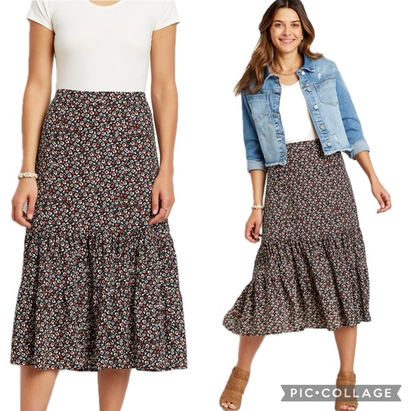 Maurices Ditsy Floral High Rise Ruffle Tiered Pull On Midi Skirt Flowy Textured - Picture 3 of 16